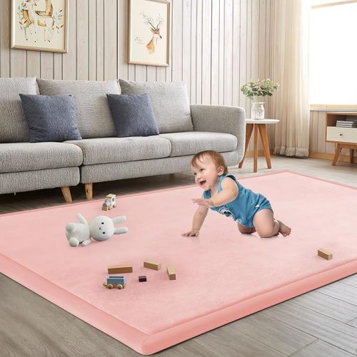 Baby Play Mat for Floor Tummy Time Mat Nursery Muscle Area Rug Playroom Rug Tatami 47"*47" Memory Foam 1.3" Thick Crawling For Babies,Toddlers, Infants, Kids,Floor(Pink)