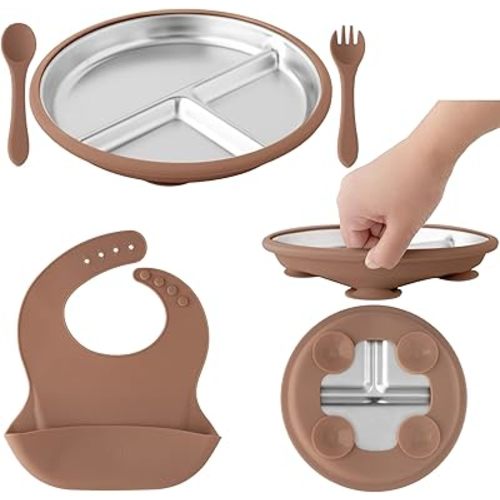 Baby Suction Plate Set 4 Pieces– Stainless Steel Plate, Removable Suction, Silicone Bib, Spoon & Fork – BPA-Free Weaning Kit for 6–18 Months, Soft Starter Utensils (Mocha Mousse)
