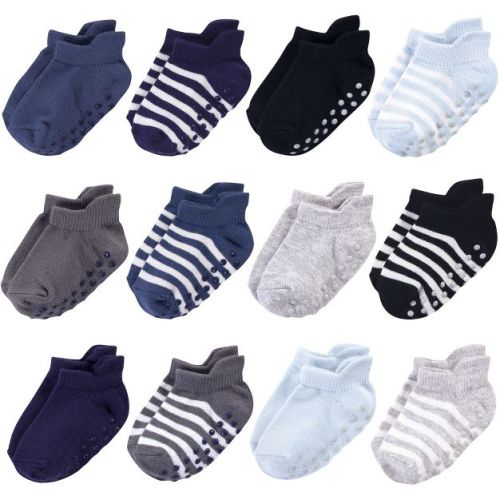 Touched by Nature Baby and Toddler Boy Organic Cotton Socks with Non-Skid Gripper for Fall Resistance, Blue Black, 6-12 Months