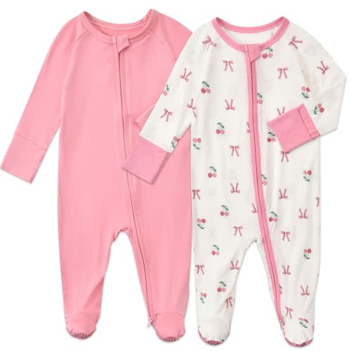 Aablexema Baby Footed Coverall Pajamas with Mittens Rayon from Bamboo 2pcs Newborn Infant 2-way Zipper Outfit