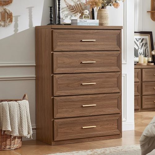 RWYHG Dresser for Bedroom 5 Drawer 45" Tall with Gold Handle Closet Storage