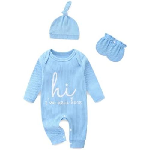 Newborn Girls and Boys Romper, Hi I’m New Here Long Sleeve Cotton Baby Clothes, Coming Home Outfit with Gift Box