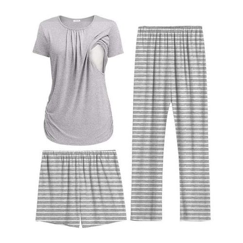 Ekouaer Maternity Nursing Pajamas Set 3 Piece Postpartum Lounge Breastfeeding Pjs Pregnancy Shorts & Pants Light Gray Stripe M