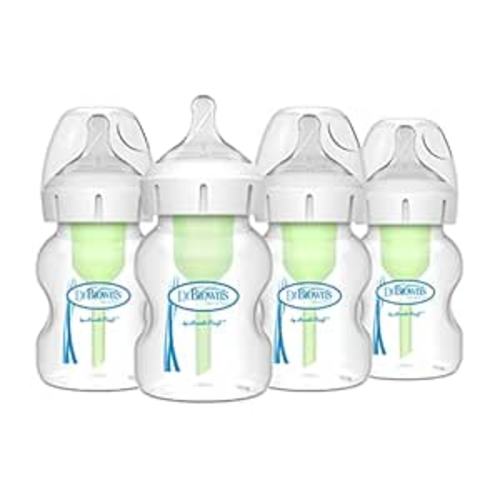 Dr. Brown’s Natural Flow® Anti-Colic Options+™ Wide-Neck Baby Bottles 5 oz/150 mL, with Level 1 Slow Flow Nipple, 4 Pack, 0m+
