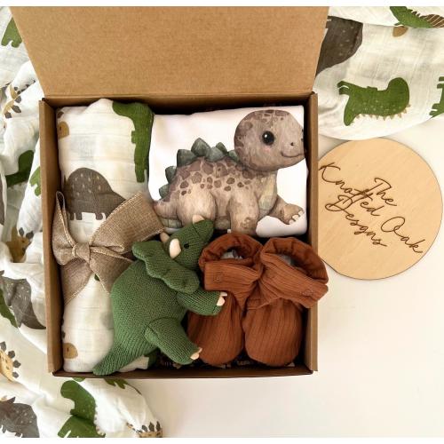Personalized Baby Boy Dinosaur Gift Box, Swaddle, Rattle, Bodysuit & Booties