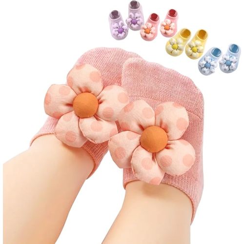 4Packs Baby Girls Socks,Flower Non-Slip Grips for Babies Toddler Princess Low Cut Ankle Socks for Girls