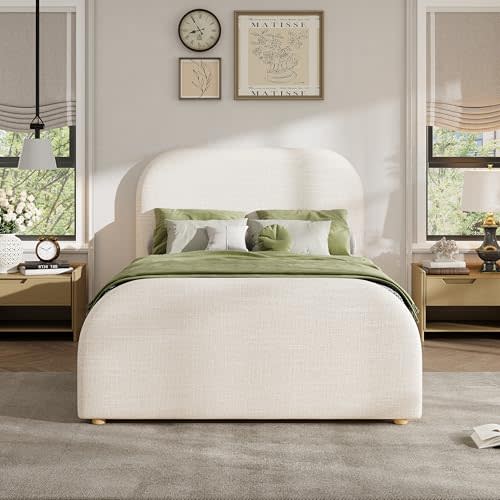 Virubi Twin Size Upholstered Bed Frame with Linen Curved Headboard and Footboard, Modern Soft Bed Frame with Solid Wood Legs for Bedroom, Easy Assembly (Beige, Twin)