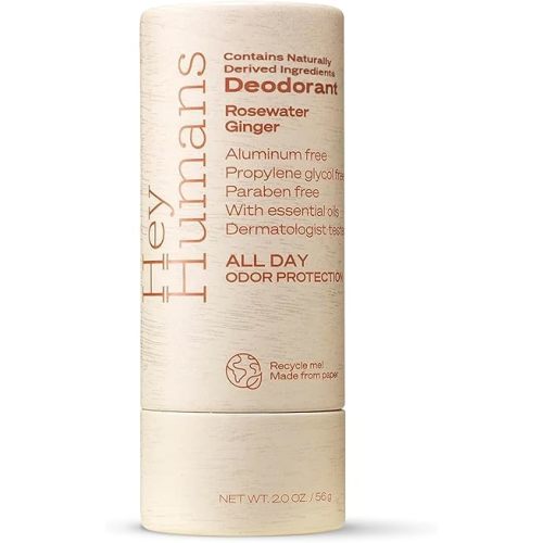 Hey Humans Deodorant, Aluminum Free Deodorant for Women and Men, Contains Naturally Derived Ingredients, All Day Odor Control, Refreshing Essential Oils, Earth Friendly Package, Rosewater Ginger