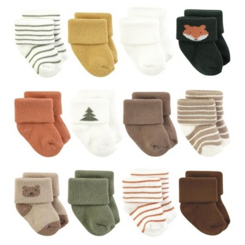 Hudson Baby Basics Infant Baby Cozy Terry Baby Sock 12-Pack, Autumn Cub, 6-12 Months