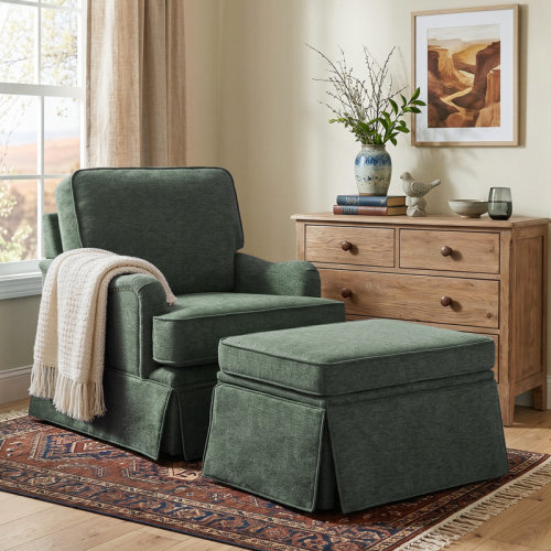 Lark Manor™ Upholstered Skirted Swivel Accent Arm Chair With Storage Ottoman & Reviews | Wayfair