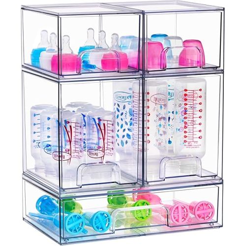 Sorbus Stackable Acrylic Storage Drawers – 2 Small + 2 Tall + 1 Wide – 5 Pack Clear Plastic Organizer Bins for Baby Bottles, Makeup, Bathroom & Vanity, Pull-Out Drawer Design for Kitchen Cabinets