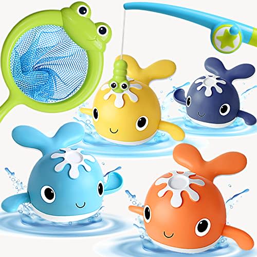 LOYUEGIYO Magnet Fishing Game Bath Baby Toy for 1-3 4-8 Year Old Toddler Boys Girls,Gifts for Kid,Baby Bathtub Water Shower Pool Toys 18 Months+,4 Swimming Wind-up Whale&1 Fishing Pole&1 Net