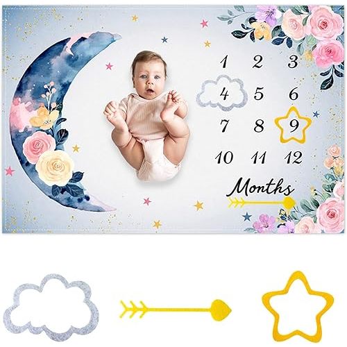 Flower Moon Baby Monthly Milestone Blanket Watercolor Flower Star Print Newborn Growth Record Photo Shoot Background Prop Blanket, 60"x40" with Frame