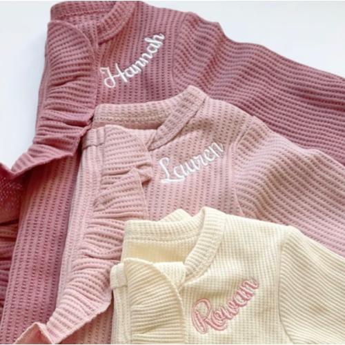 Baby Name Newborn Waffle Knit Ruffled Footie With Bow - Baby Girl Coming Home Outfit - Hospital Outfit for Baby Girls