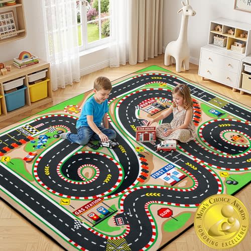Kids Rug, 4x6 Ft Race Track Car Rug for Kids | Extra Thick 0.4in Soft Non-Slip Racing Car Carpet Play Rug with 3D Track Design for Toy Cars, Playroom, Bedroom &Nursery