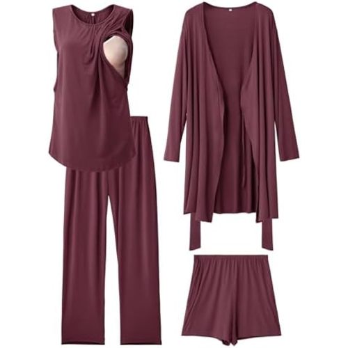 Rnxrbb 4 PCS Hospital&Home Nursing Pajamas Robe Set for Postpartum Pajama Maternity Breastfeeding Pj Birth Lounge Clothes
