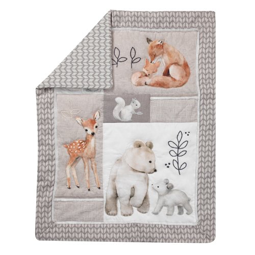 Lambs & Ivy Painted Forest Gray/Beige Woodland Animals 4-Piece Nursery Baby Crib Bedding Set