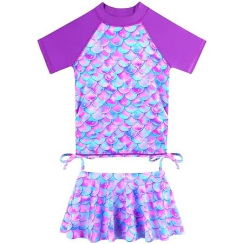 Girls Two Piece Swimsuits Short Sleeve Rash Guard Ruffle Bikini Skirt