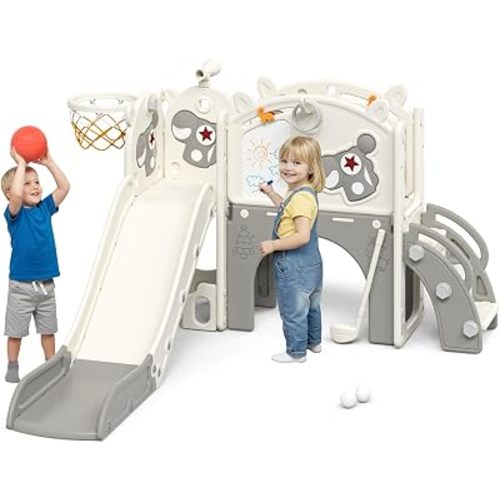 Mloong Toddler Slide for Kids - 10 in 1 Kids Slide for Toddlers Baby 1-3 Years Old, Indoor and Outdoor with Basketball Hoop Golf Drawing Set, Easy Assembly Elk Theme (Beige & Gray)(54×62×39in)