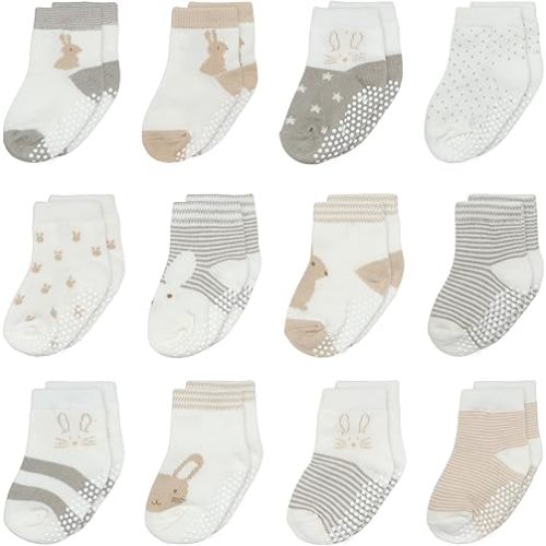 Mother's Choice Organic Cotton Baby Socks 6-12 Months, 12 Pairs Anti Slip Unisex - Soft & Hypoallergenic Baby Girl & Boys Socks (US, Age, 6 Months, 12 Months, Brown,Gray,White)