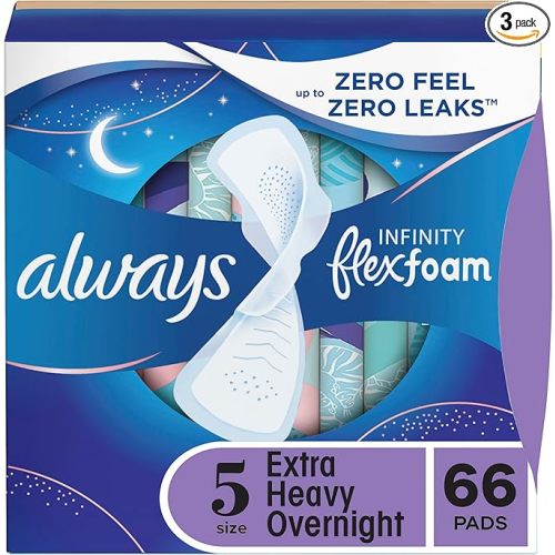 Always Infinity Feminine Pads for Women, Flexfoam Pads with Wings, Size 5, Extra Heavy Overnight Absorbency, Unscented, 66 Count (3 Packs of 22)