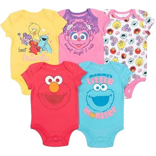 Sesame Street Baby 5 Pack Short Sleeve Bodysuits Newborn to Infant Sizes (Newborn - 24 Months)