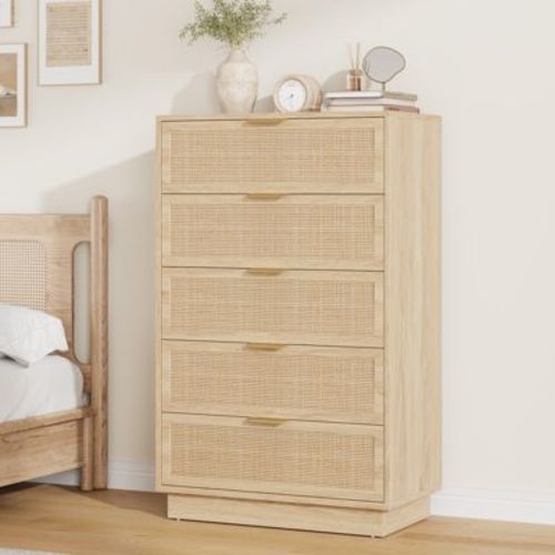 Rattan 5 Drawer Dresser, 46.7in Tall Natural Oak 5 Chest of Drawers with Metal Handles and Wooden Sturdy Base for Bedroom Living Room Nursery