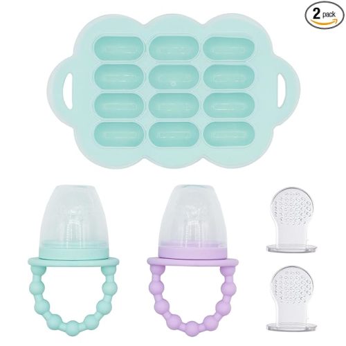 WeeSprout Silicone Baby Food Feeders + Freezer Tray for Batch Prep, Set of 2, Introduce New Foods Safely, Double as Teething Toys, Includes 2 Extra Pouches & Travel Lids, Dishwasher Safe