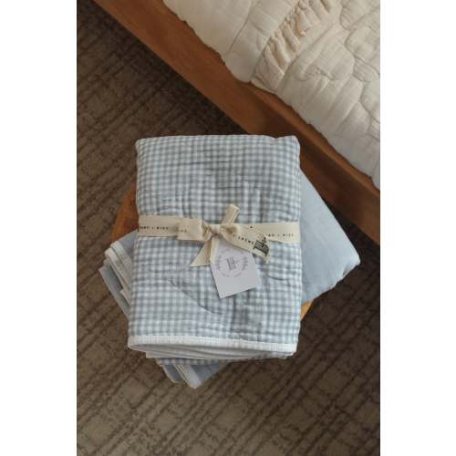 Dusty Blue Solids + Gingham QUILTED 6 Layer Gauze Blanket