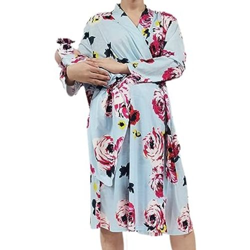 SUFEINI Maternity Robe and Matching Baby Swaddle Blanket Set, Mommy Robe with Receiving Blanket Girls Boys Sleepwear