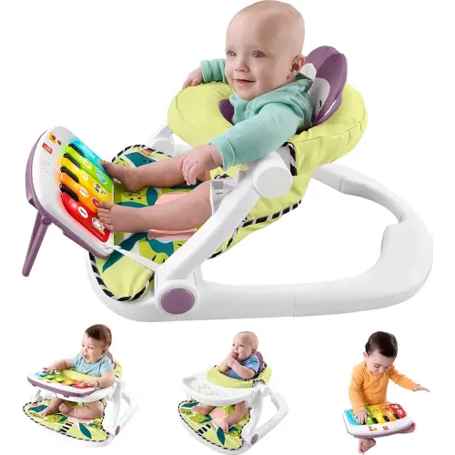 Fisher-Price Portable Baby Chair Kick & Play Deluxe Sit-Me-Up Seat with Piano Learning Toy & Tray for Infants to Toddlers, Purple Monkey