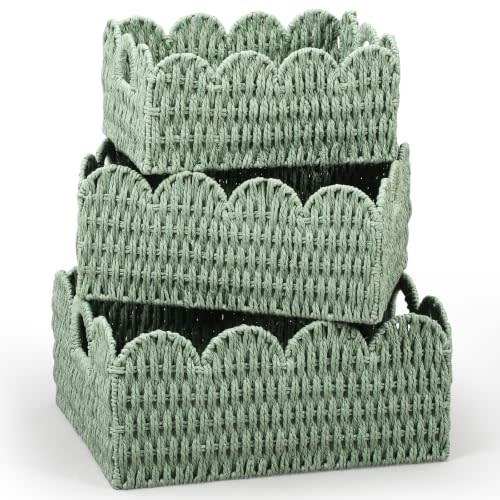 Newtay Set of 3 Paper Rope Scalloped Wicker Baskets, Diaper Caddy Storage Baskets, Sage Green Decorative Woven Bins with Handles for Nursery Shelves, Books, Bathroom Laundry Towels