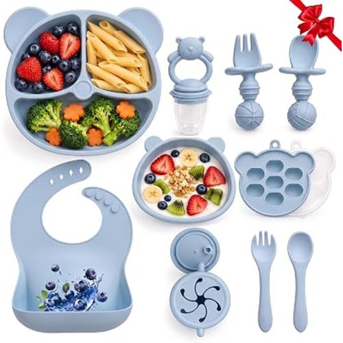 Silicone Baby Feeding Set, 12-Piece Non-Slip Dinnerware Set with Spoon, Divided Plate, and Bib, Baby Meal Set with Suction Cups, Silicone Baby Dinnerware for Toddlers (Blue)