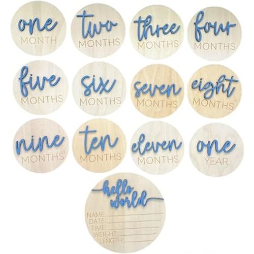 Baby Monthly Milestone Cards, 3D Premium Wooden Discs for Baby Photos and Pregnancy Journey plus BONUS Hello World Sign for Birth Announcement and Documenting Growth, Light Wood Photo Props (13 pcs) Baby Shower and Gender Reveal Gift (Blue)