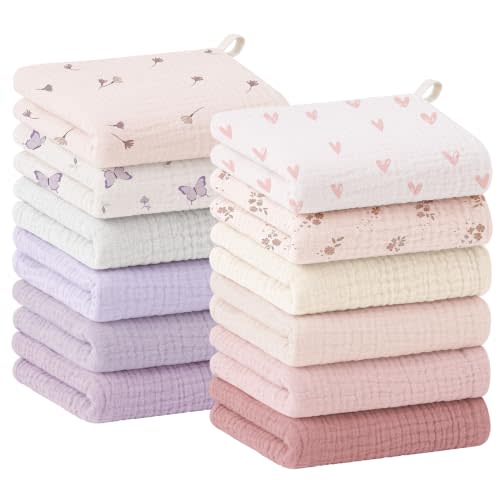 Bearmoss 12 Pack Baby Muslin Washcloths, 100% Cotton 10"x10" Face Towels | Soft Absorbent Bath Wash Cloths and Burp Cloths for Newborn Infants Kids Girls & Boys (Pink Purple)