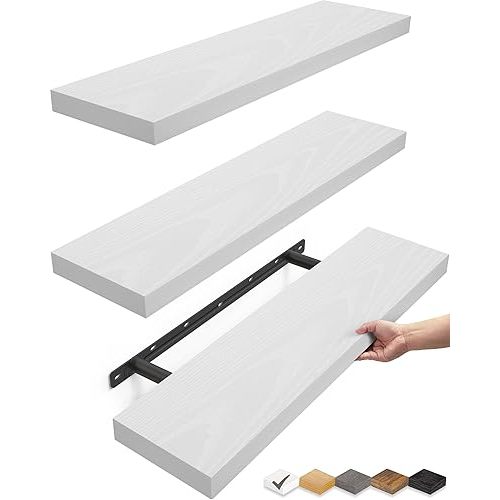 BAYKA White Floating Shelves for Wall, 22.5 inches Wall Mounted Rustic Wood Shelves for Bathroom, Bedroom, Living Room, Hanging Shelf for Books/Storage/Decor/Display (Set of 3)