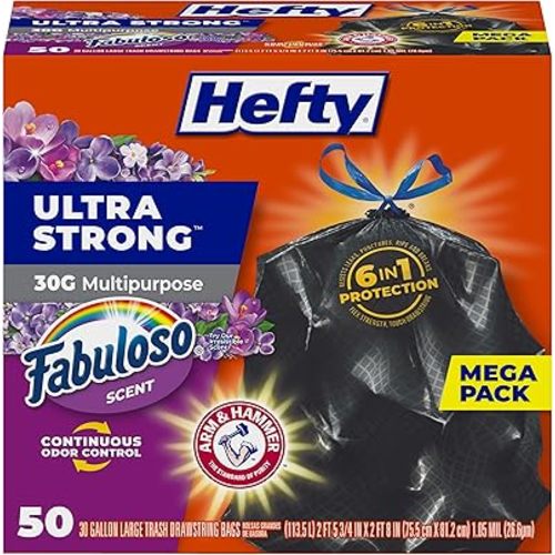 Hefty Ultra Strong 30 Gallon Trash Bags, Large Trash Bags 30 Gallon Size, Multipurpose, Break Resistant Drawstring Closure, Resists Leaks, Punctures, and Tears, Black, Fabuloso Scent, 50 Bags