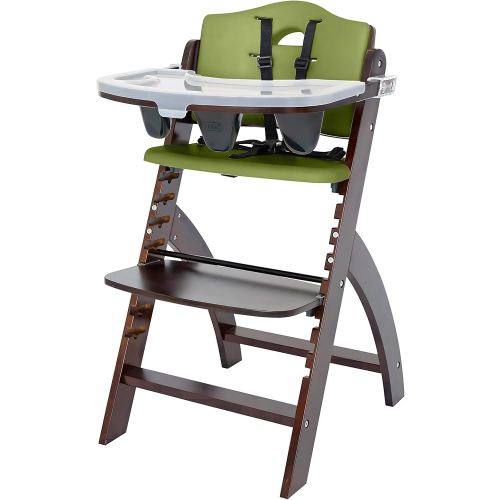 Abiie Beyond Junior Wooden High Chair with Tray - Adjustable and Convertible High Chair for Babies and Toddlers - 6 Months to 250 Lb - Water Resistant - Mahogany Wood/Olive Cushion