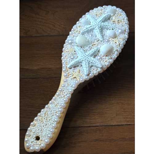 Mermaid Brush | Wooden Hair Brush with Starfish, Seashells, Pearls & Quartz Sand | Ocean-Inspired Gift | Mermaid Gift | Beachy Gift |
