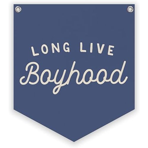 Vintage Room Decor,Long Live Boyhood Linen Banner,Boy Bedroom Wall Hanging Banner Pennant Flag Decor for Nursery Playroom Toddler Nursery Decor Kids Room,12.4x14 in(Navy blue)