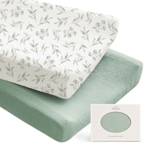 Konssy 100% Cotton Muslin Changing Pad Cover 2 Pack, 32"x16" Standard Fit | Ultra Soft & Breathable, Diaper Changing Table Sheets, Neutral Nursery Design, for Baby Boys Girls (Green, Green Leaves)
