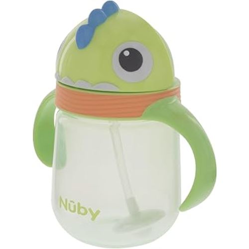 Nuby No-Spill Clik-it Silicone Straw Trainer Cup - 8 oz - 360 Weighted Straw Toddler Sippy Cup for 1+ Year Old - Dino