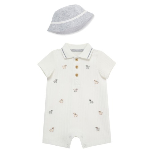 Puppies Cotton Polo Romper & Hat Set