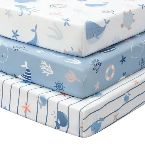 Baby Crib Sheets for Boys and Girls, 3 Pack Toddler Bed Sheets for 52”x28” Standard Toddler Mattresses, Soft Microfiber Fitted Crib Sheets Neutral Blue Ocean Whale