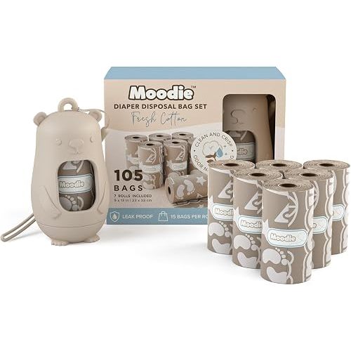 Moodie Disposable Diaper Bags Dispenser COMBO PACK | 105 FRESH COTTON Scented Baby Poop Bags TOTAL | Dirty Diaper Trash Bags | Diaper Bags Disposable