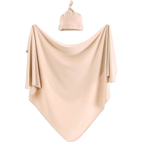 iEvolve Cotton Knitted Baby Swaddle Blanket with Hat Headband Set Newborn Swaddle Wrap Receiving Blankets for Baby Girl Boy 35" x 35"(Lightpink)