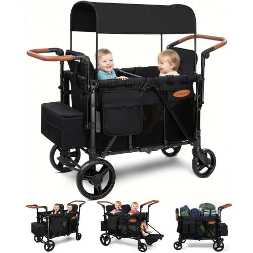 Vomeast Upgrade Wagon Stroller for 2 Kids, 2-Seater Baby Stroller Wagon with Canopy, 5-Point Harness, Adjustable Handle(Black)