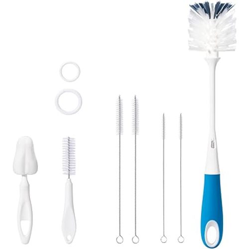 7 Pack Baby Bottle Brush Set, 12.7" Nylon Brush with Hidden Cleaner, 5.4" Nylon & 5.7" Sponge Nipple Brushes, 4 Straw Brushes, 2 Hanging Rings, BPA-Free, Blue