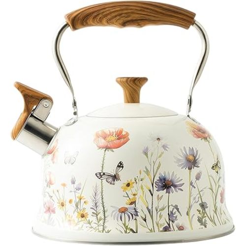 Tea Kettle for Stove Top, 2.7 Quart Whistling Kettle with Floral Pattern for Boiling Water Coffee or Milk, Stainless Steel Tea Pots with Wood Pattern Folding Handle, Work for All Stovetops
