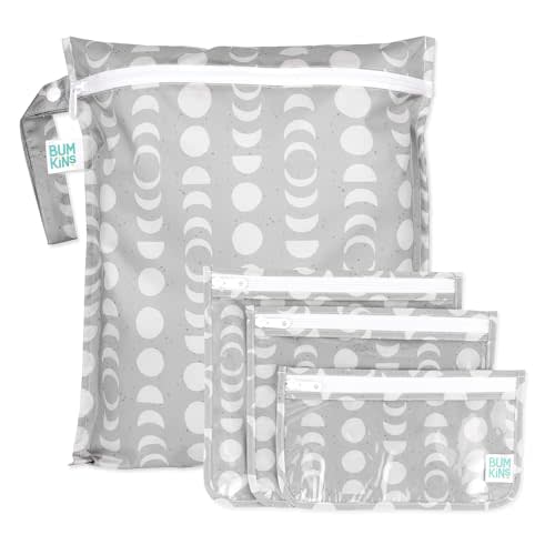 Bumkins - Waterproof Wet Bag & Clear Travel Bags - For Beach, Baby, Travel, Swim Suit, Cloth Diapers, Pump Parts, Pool, Gym, Toiletries - Reusable & Easy to Clean - Lunar Gray - 4 Pack